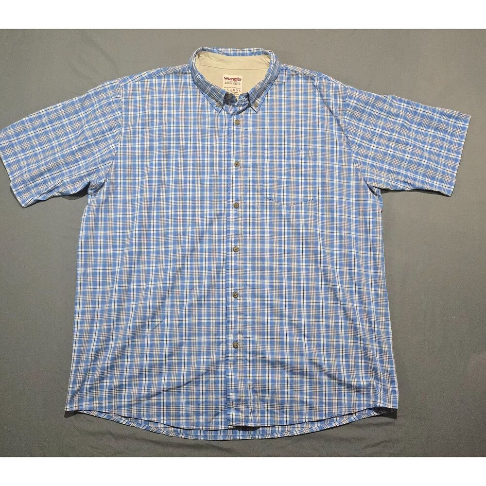 Wrangler Authentics Mens Shirt XL Blue Plaid Short Sleeve Button Down Pocket